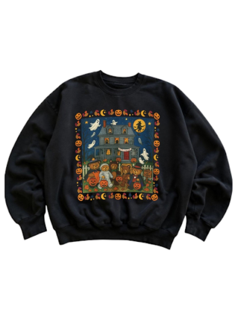 Gildan Black Halloween Crewneck Sweater with Haunted House Graphic